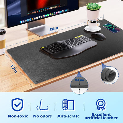 Wireless Charging Desk Mat with Desk Pad for Desktop Charging Large Mouse Pad Waterproof Leather Computer Mat Mouse Pad Non-Slip Protector on Top of Desks for Keyboard and Mouse (black-r, 36*17inch)