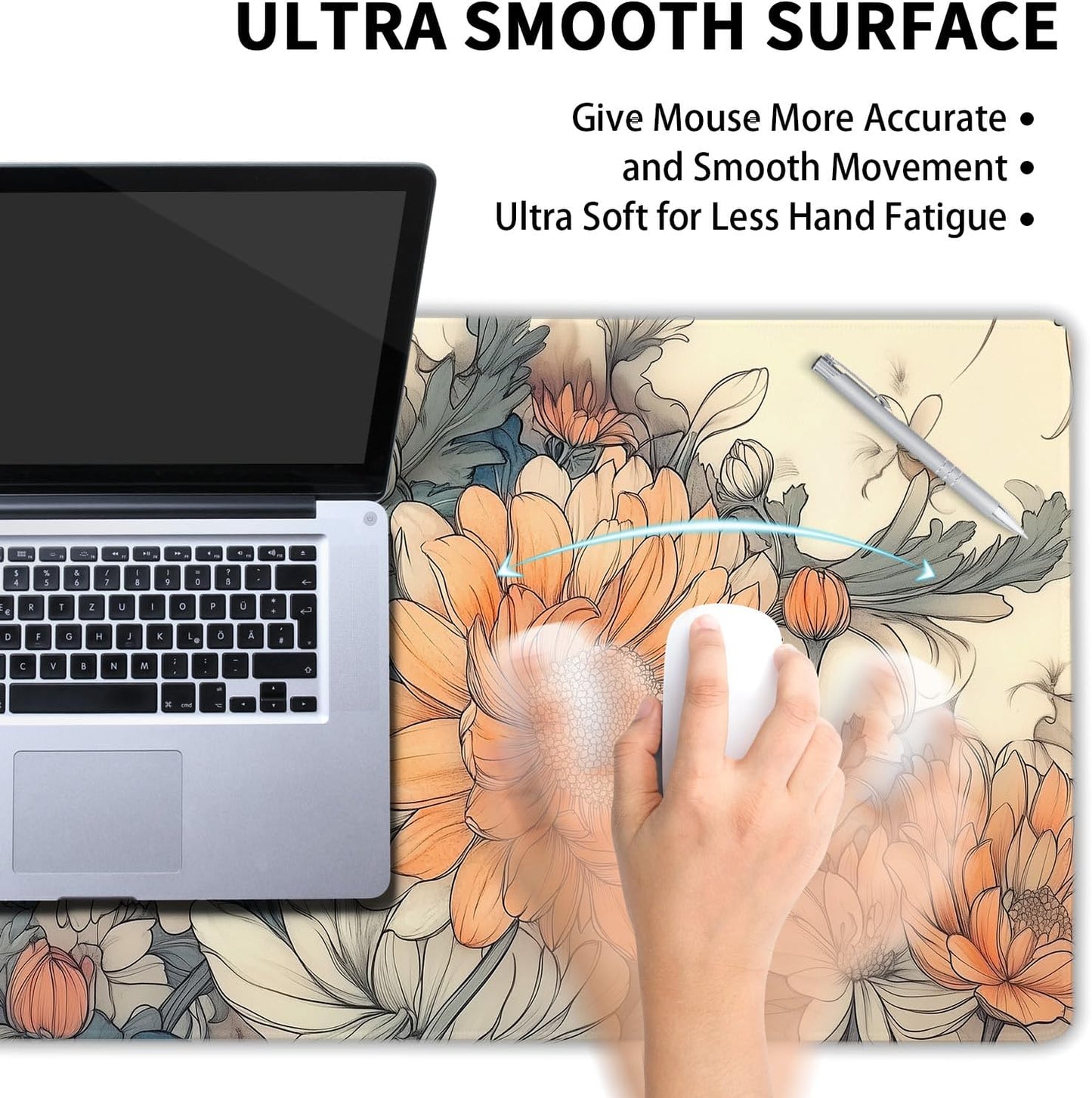 Minimalist Floral Gaming Mouse Pad XL White Orange Aesthetic Flowers Japanese Extended Large Mat Mousepad Desk Pad Non-Slip Rubber Base Stitched Edge Long Keyboard Pad for Computer,31.5×11.8 Inch