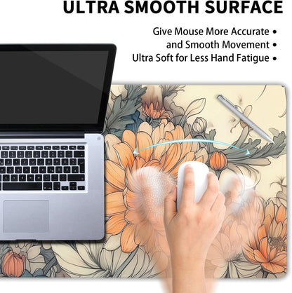 Minimalist Floral Gaming Mouse Pad XXL White Orange Aesthetic Flowers Japanese Extended Large Mat Mousepad Non-Slip Rubber Base Stitched Edge Keyboard Pad Playmat for Computer,35.4×15.7 Inch