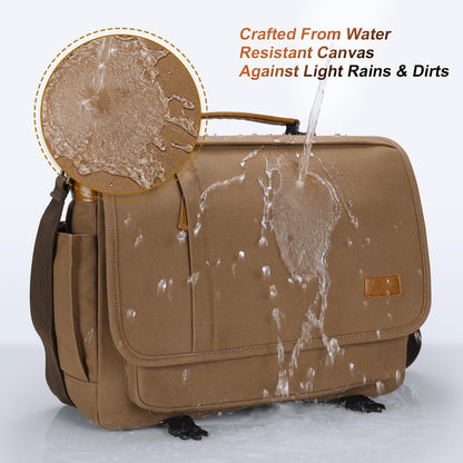 ESTARER Messenger Bag 17-17.3 Inch, Men's Computer Bag Water-resistant Canvas, Laptop Shoulder Bag for Travel Work College, Brown