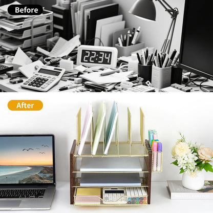 Gold Desk Organizers and Accessories,4-Tier Desktop File Organizer with Drawer, Wood Paper Organizer with 5 Vertical File Holders and Pen Holder for Office Supplies