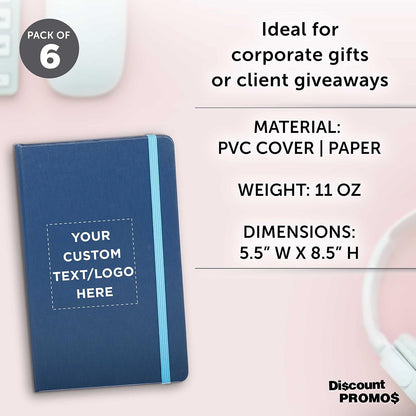 DISCOUNT PROMOS Custom Hardcover Notebook Journals with Elastic Colored Band Set of 6, Personalized Bulk Pack - Perfect for School, Office, Home - Blue