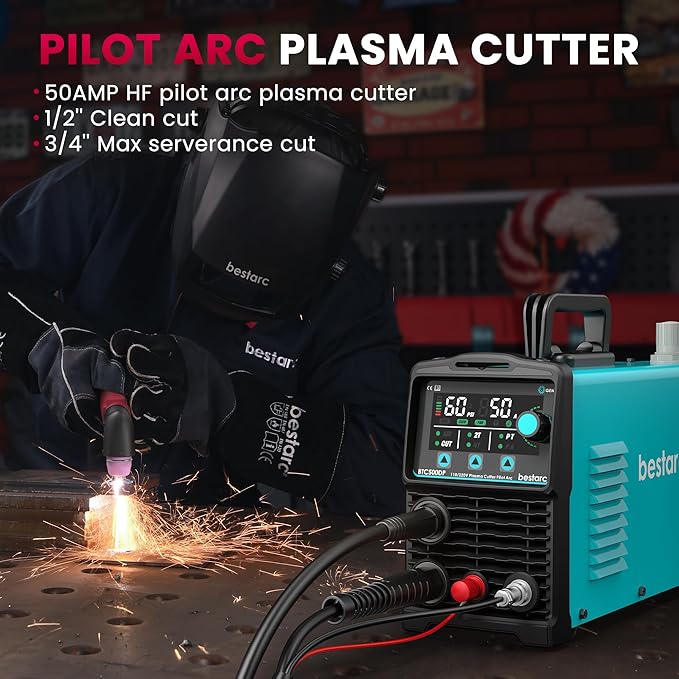 bestarc Plasma Cutter, [Pilot Arc][Large LED Display][Air Sensor] 50A bestarc Plasma Cutter Machine 110/220V Dual Voltage, 1/2'' Clean Cut 3/4 Inch Max Cut, Post Flow Mesh, 2T/4T for Beginners DIY