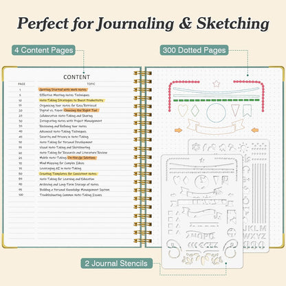 Bullet Dotted Journal Spiral Notebook, 300 Pages Leather Notebooks with Contens, 120 GSM Thick No Bleed Through Paper Journals, A5 Dot Grid Notebook for Women Men Work Writing, 5.5" x 8", Dark Blue