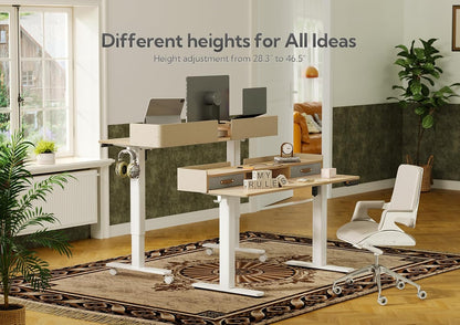 YDN Standing Desk with Drawers, 59 Inch Standing Desk Adjustable Height, Adjustable Electric Stand Up with Storage and Shelf, Natural