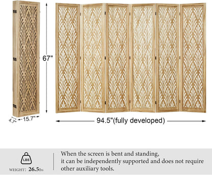 5.6Ft Room Divider Folding Wood Simple Carved Partition Screen for Home Office Garden - 6 Panels (Natural)