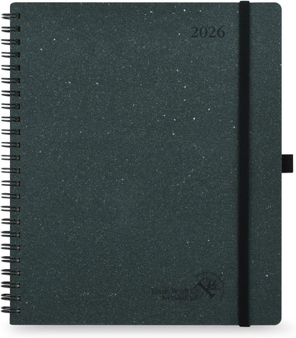 POPRUN 2026 Planner - 2026 Recycled Weekly Planner [Italian Regenrated Leather - Medium Size 8.5'' x 10.5''] - 2026 Weekly Planner with Hourly Schedule, Monthly Tabs-26-WERK7-BGY - Black Grey
