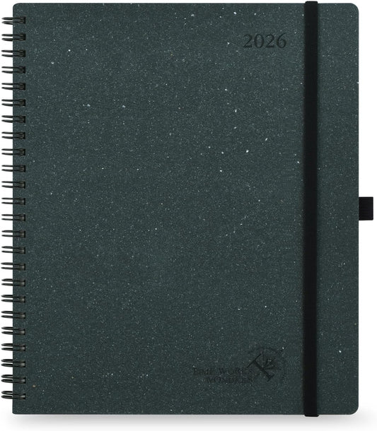 POPRUN 2026 Planner - 2026 Recycled Weekly Planner [Italian Regenrated Leather - Medium Size 8.5'' x 10.5''] - 2026 Weekly Planner with Hourly Schedule, Monthly Tabs-26-WERK7-BGY - Black Grey