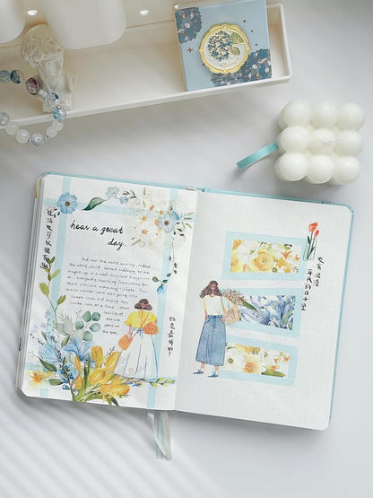 WT Serene Wide PET Tape, Single Roll, Original Designs, Watercolor Blue Flower Decorative Tape, Transparent Clear Adhesive Tape, Journal Scrapbook Bujo Planner DIY Craft Supplies