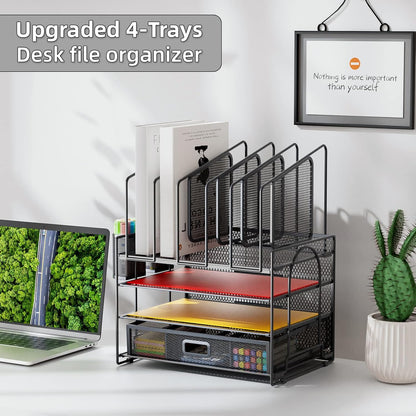 Marbrasse Desk Organizers, 4-Tier Mesh Desk File Organizer with 5 Vertical File Holders and 2 Pen Holders, Multifunction Desktop Organizer,Desk Organizers and Accessories for Home Office (Gray)