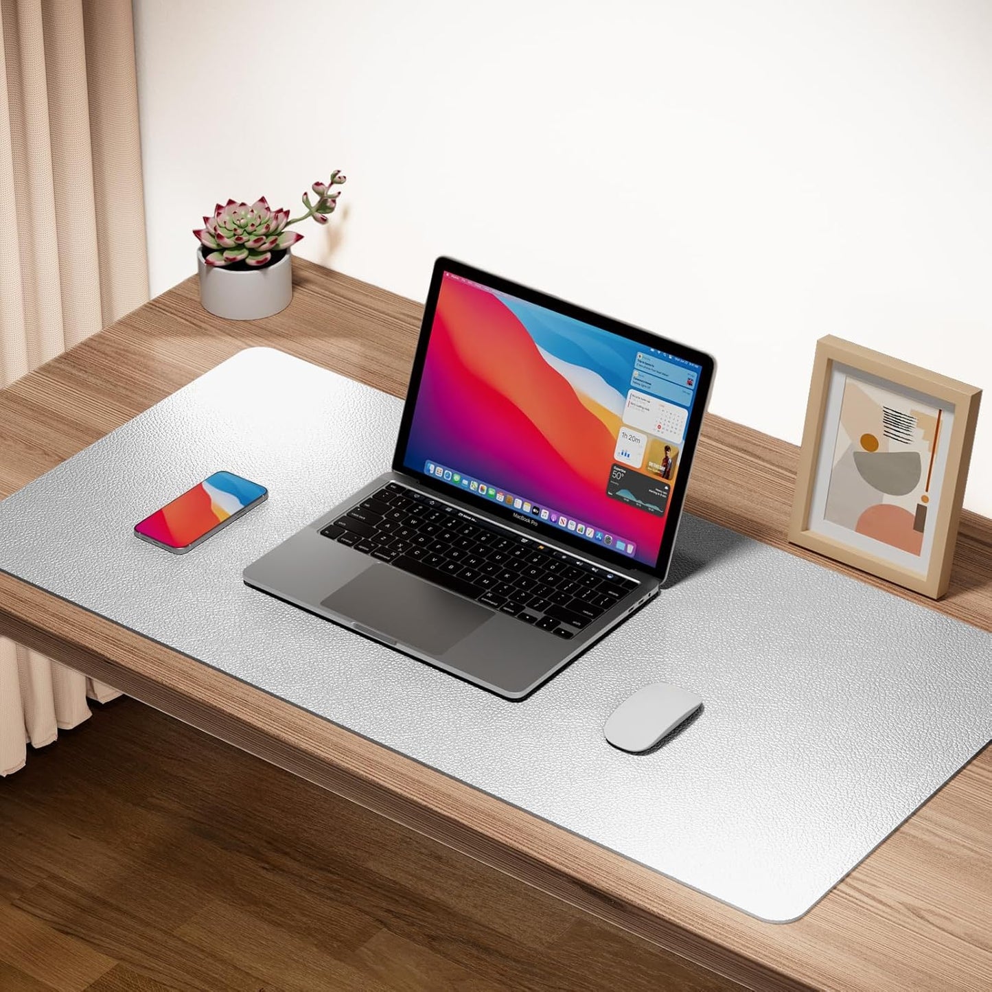 Boutilon Leather Desk Pad Protector,Non-Slip Mouse Pad,Laptop Desk Pad,Office Mouse Mat,Waterproof Leather Desk Blotter,Desk Writing Pad for Office and Home (L-Silver,35"x 17")