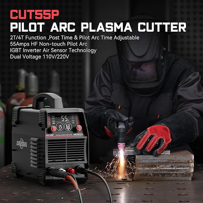 55Amps Plasma Cutter, CUT55P Non-Touch Pilot Arc Plasma Cutter Machine,110/220V Dual Voltage IGBT Inverter, Air Sensor Technology, Large Digital Display Plasma Cutting Equipment