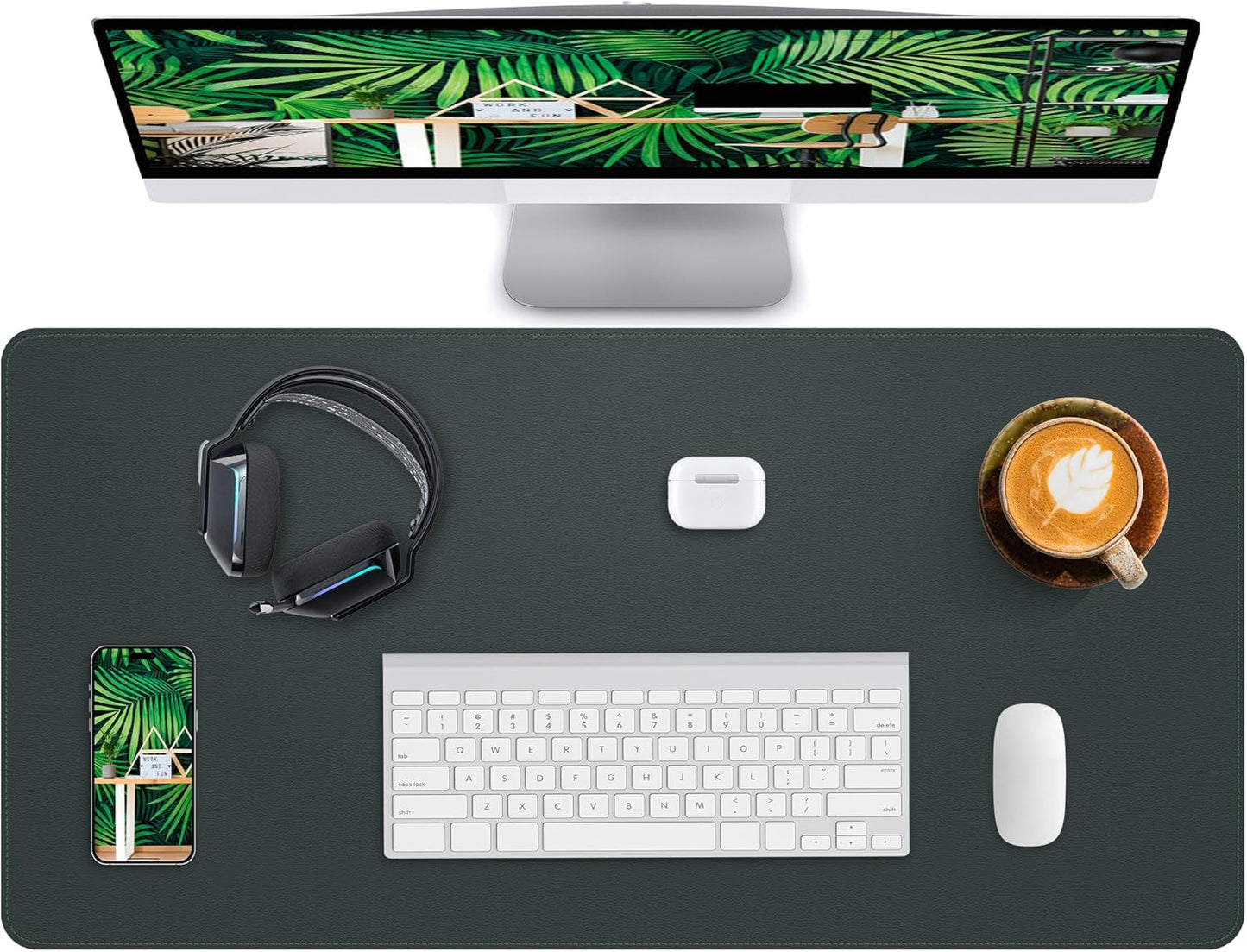 Desk Pad Mat 23.6"x13.7" - Waterproof Mouse Pad & Desk Protector, Non-Slip PU Leather for Gaming Keyboard/Mouse, Stitched Edge XL Office Desk Pad with Ergonomic Support(Dark Green)