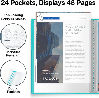Dunwell Presentation Binder 24-Pocket, Displays 48 Pages, 8.5x11 Portfolio Binder with Plastic Sleeves, Storage and Organizer for Documents, Certificates, Projects, Photos (3 Pack, Aqua)