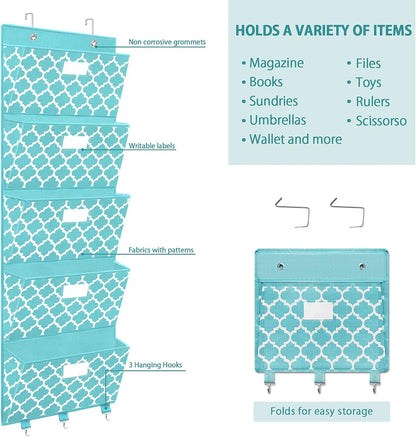 Over the Door File Organizer, Hanging File Folders, Wall Organizers and Storage for Mail, Magazine, Notebooks, Planners, Office, Classroom, 5 Extra Large Pockets, 50.39” Tall (Blue Lantern Pattern)