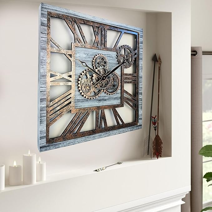 ImprovingLife The Gears Clock 24'' Inch Square Real Moving Gear Wall Clock Vintage Industrial Oversized Rustic Farmhouse (Silver Grey)