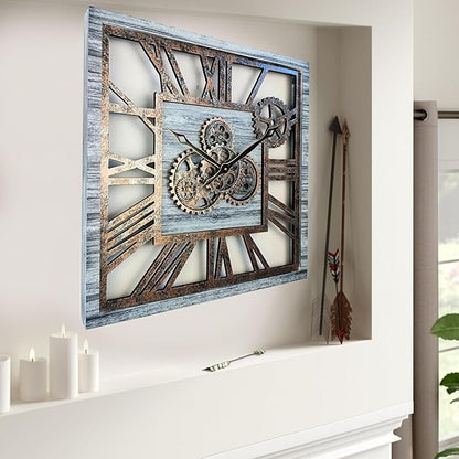 ImprovingLife The Gears Clock 24'' Inch Square Real Moving Gear Wall Clock Vintage Industrial Oversized Rustic Farmhouse (Silver Grey)