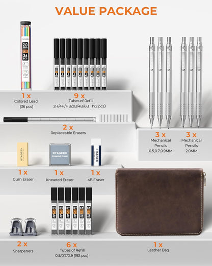 30PCS Silver Metal Mechanical Pencil Set in Leather Case, 0.5/0.7/0.9/2.0mm Art Drafting Pencils with 16 Tubes Graphite Leads (6B 4B 2B HB 2H 4H) & Colored Refills for Sketching, Drawing, Writing