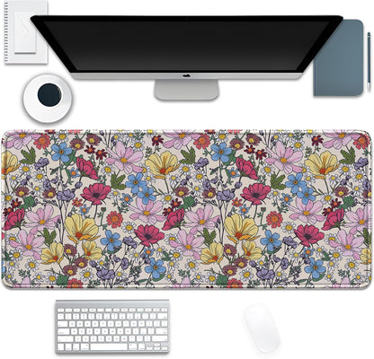 Colorful Flowers Mouse Pad,Large Floral Mousepad Desk Pad with Stitched Edges,Non-Slip Waterproof Rubber Base Mouse Mat for Office Computer Keyboard Laptop Home(27.5x11.8 in)