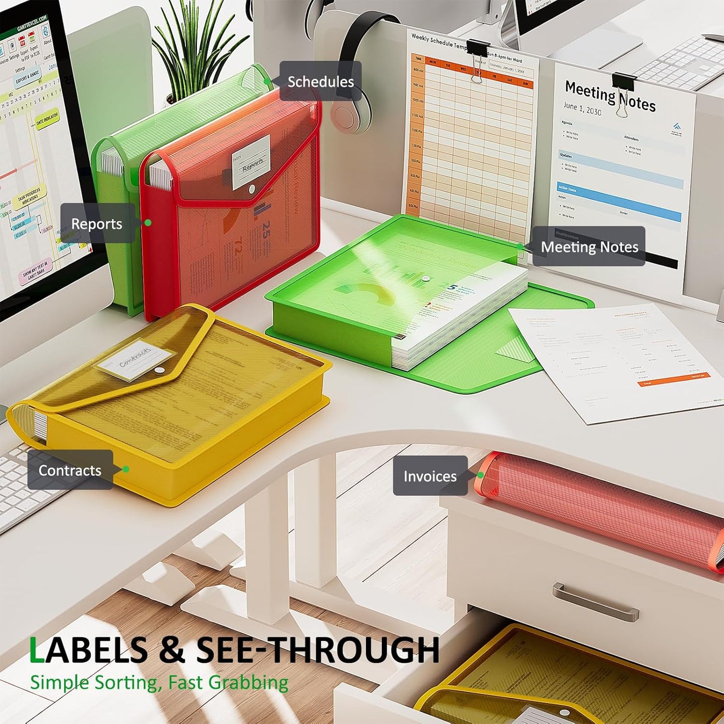 ThinkTex Plastic Expanding File Folder, Transparent envelopes with Snap Closure,No Dividers,Large Capacity,Document Organizer for Receipts, Bills&Taxes,Letter/A4 Size for School/Office/Home-3 Pack