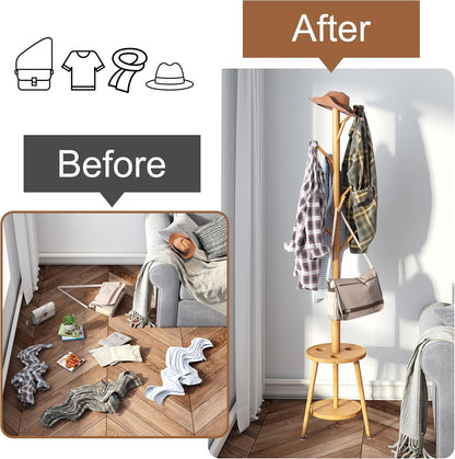 FILWH Freestanding Coat Rack with Umbrella Organizer Tray Bamboo Coat Tree Rack with 8 Hook Stand for Clothes Bag Hats Entryway Hanger Stand(Nature)