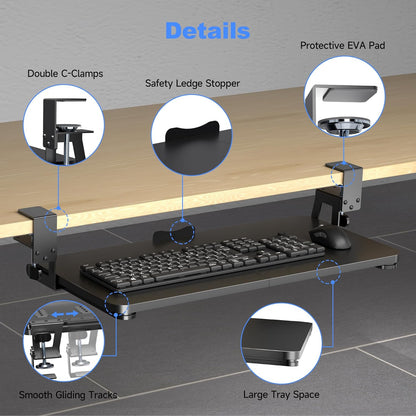Keyboard Tray Under Desk Large C-Clamp 25.6” (30” Including Clamps) x 11.8” Slide-Out Platform Computer Drawer Pull Out Keyboard & Mouse Tray Black DSF4