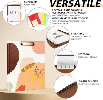 Leather Clipboard with Storage, Zippered Padfolio Portfolio Organizer, 3 Ring Binder 1 Inch, Notepad, Tablet Sleeve, 5 Dividers with Pocket, Stickets for Office, Nurses, Students, Teachers Brown