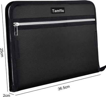 Fireproof Safe Accordion File Organizer Bag Folder,Waterproof Expanding Filing Folder with 14 Pockets, A4 Letter Size, Document Organizer Holder and Color Labels /2 Zipper (Black 14.3" x 9.8")