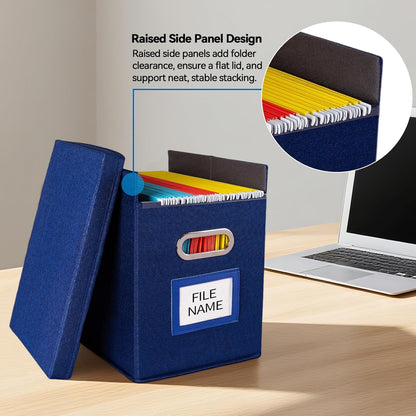 2 Pack Hanging File Folders Organizer with Lid, Letter Size Fabric File Storage Box Collapsible, Portable Office Document Holder with Metal Handle, Smooth PVC Rails, Blue