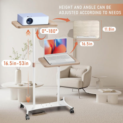 2 Shelves Projector Stand, Mobile Laptop Cart on Wheels Projector Stand Adjustable Height 20 to 53 Inches, Overbed Table with 5 Lockable Casters, Rolling Laptop Floor Stand for Couch (White)