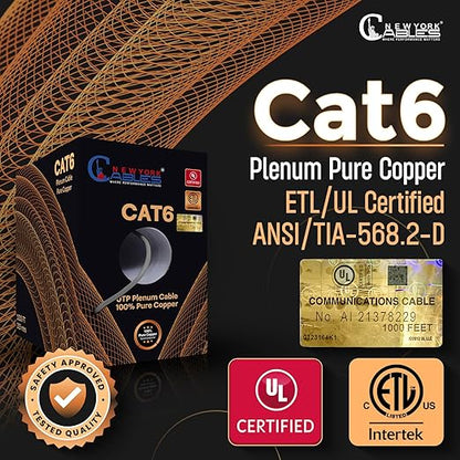 NewYork Cables | CAT6 Plenum Cable 1000ft UL/ETL Listed, 100% Pure Copper, UTP, 550MHz, 23AWG, 4Pair 10GB Ethernet Cable | Certified CMP-Rated Fire-Resistant (1000ft, Pure Copper UL Listed, Grey)