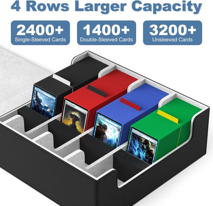 Mlikero Card Deck Case, 2400+ Trading Card Storage Box with 10 Colorful Dividers and 4 Foam Stoppers, Leather Magnetic Closure Commander Deck Box Fit for MTG, TCG (4 Rows, Black&Grey)