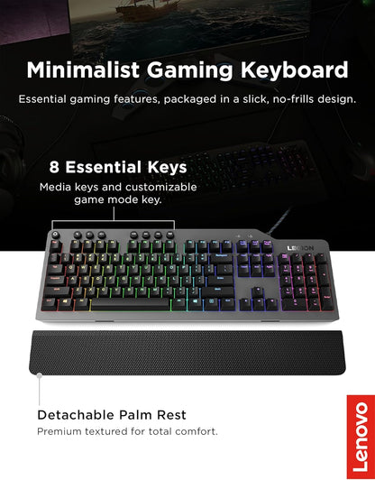 Lenovo GY40T26478 Legion K500 RGB Mechanical Gaming Keyboard, 3 ZONE Full-size Keyboard, 7 user Programmable Hot Keys; 16.8 Million Colors, 50 Million-Click Red Mechanical Keys, Detachable Palm Rest