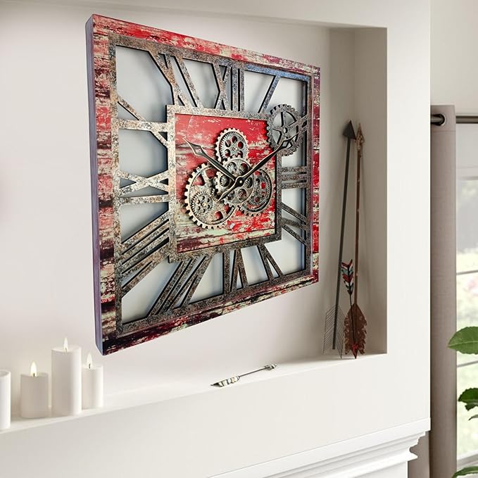 ImprovingLife The Gears Clock 24'' Inch Square Real Moving Gear Wall Clock Vintage Industrial Oversized Rustic Farmhouse (Red Lava)