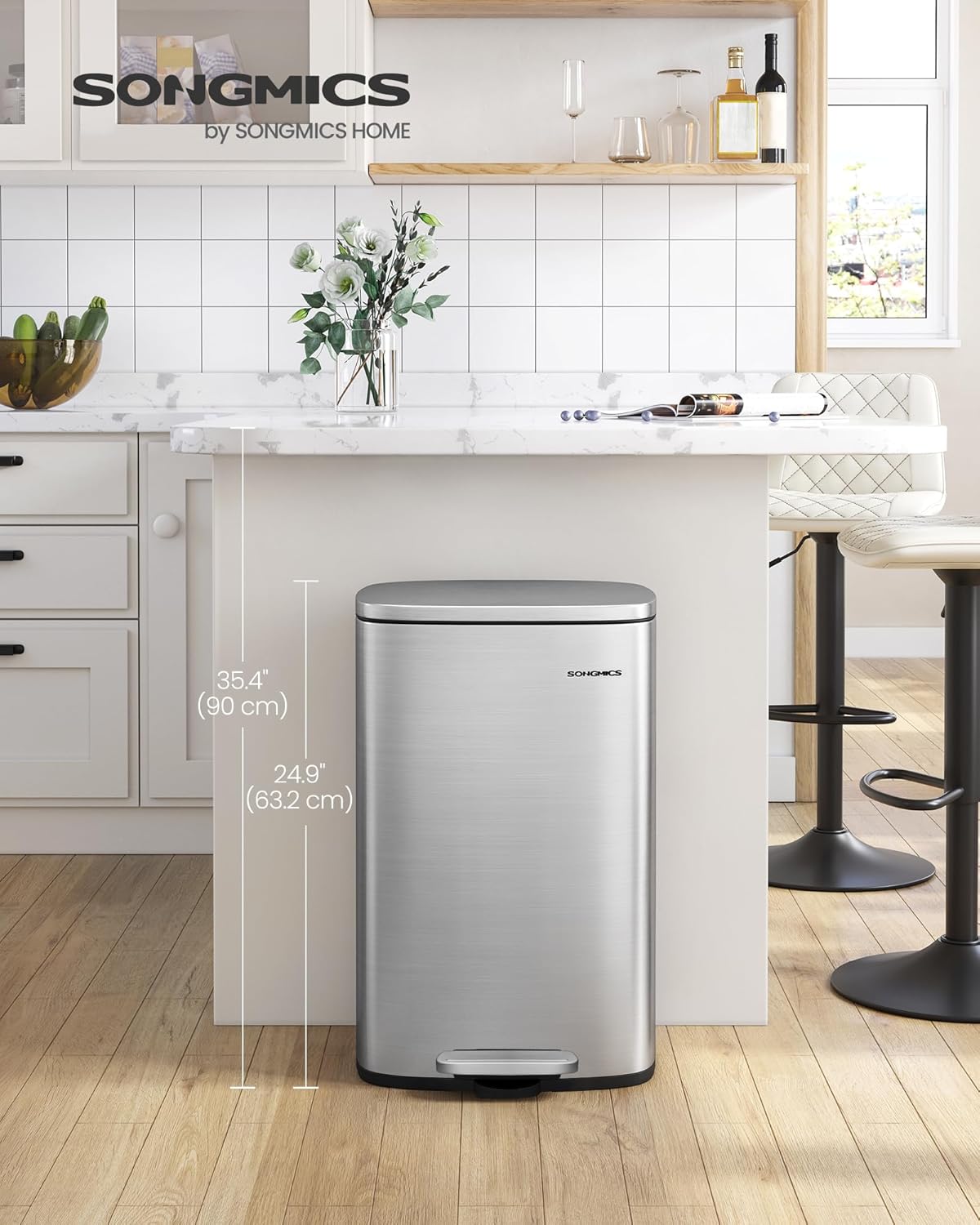 SONGMICS 13 Gallon (50 L) Trash Can, Stainless Steel Kitchen Garbage Can, Recycling or Waste Bin, Soft Close, Step-On Pedal, Removable Inner Bucket, Silver ULTB050E01