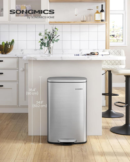 SONGMICS 13 Gallon (50 L) Trash Can, Stainless Steel Kitchen Garbage Can, Recycling or Waste Bin, Soft Close, Step-On Pedal, Removable Inner Bucket, Silver ULTB050E01