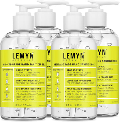 Medical Grade Hand Sanitizer Gel - 97% ORGANIC - 8 FL.OZ. with PUMP (PACK OF 4)