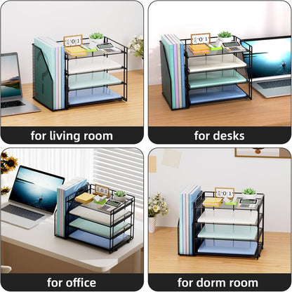 Marbrasse Desk Organizer and Accessories，4-Tier Paper Letter Tray Organizer with File Holder，Desk Accessories & Workspace Desktop Organizers for School Home Office Supplies (Black)