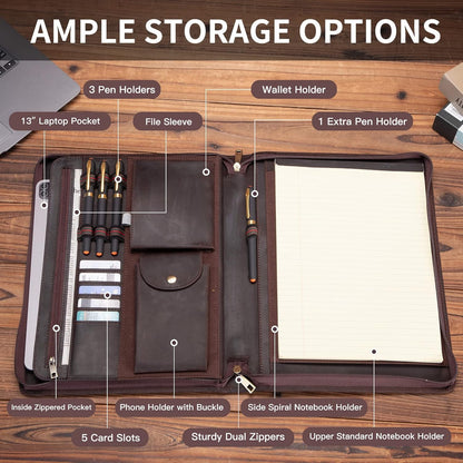 Genuine Leather Portfolio with Front Pocket for Men and Women, Zippered Padfolio Binder 8.5 x 11 Legal Pad Notebook Holder, Fits 13” Laptop, Professional Work File Case, Dark Brown