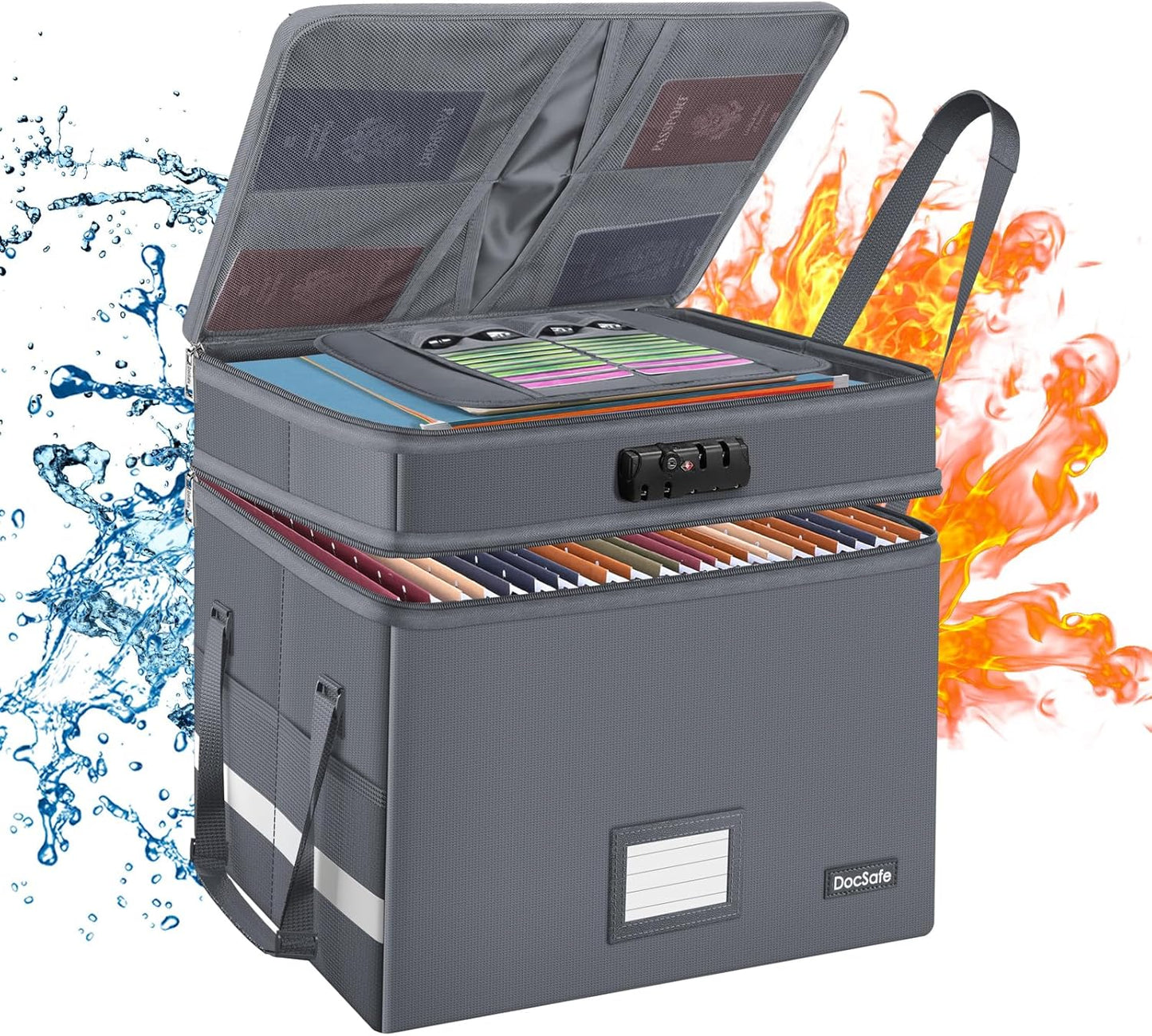 DocSafe File Box with Lock,Multi-Layer Fireproof Document Box Collapsible File Storage Organizer with Pockets/Handle,Large Portable Home Office Filing Box for Hanging Letter/Legal Size Folders,Gray