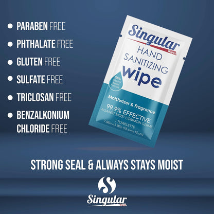 Hand Sanitizing Wipes Travel Size by Singular Wipes – 100ct Individually Wrapped | Fresh Citrus Scent, Moisturizing, 70% Alcohol Wipes | Travel, Office, School, Home | Made in USA