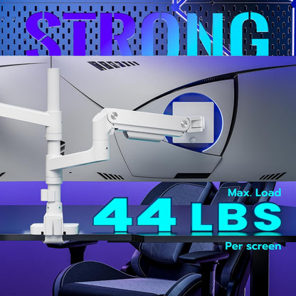 ARES WING Dual Monitor Arm Desk Mount for 17-49 Inch Ultrawide Monitors, Heavy Duty Dual Monitor Mount Holds 44 lbs, Full Motion Gas Spring Vertical Stacked Monitor Mount, 75/100 VESA Mount, White