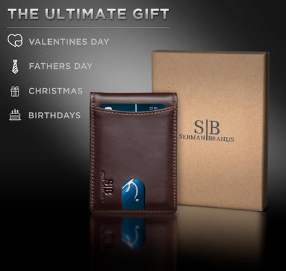 SERMAN BRANDS RFID Blocking Slim Bifold Genuine Leather Minimalist Front Pocket Wallets for Men with Money Clip Thin Gift