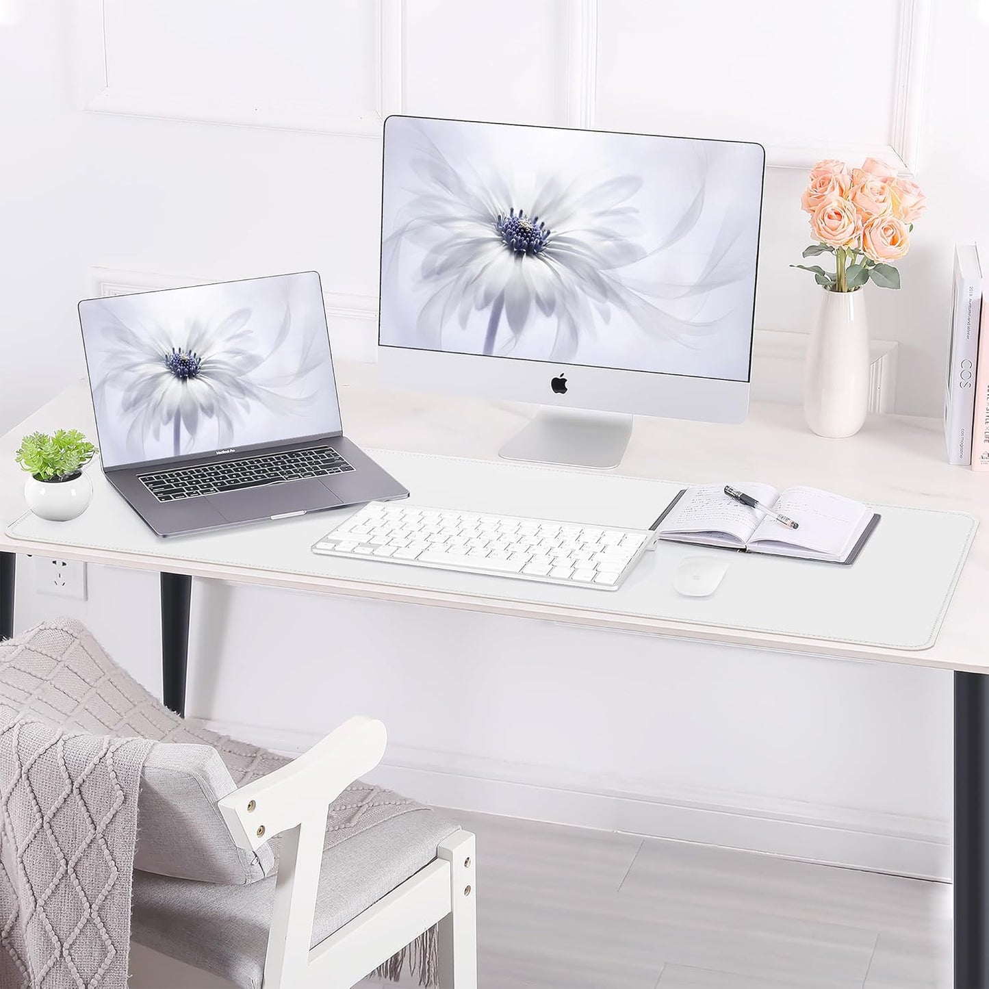 AFIING Leather Desk pad Protector, Large Non-Slip Office Desk Mat with Natural Cork & PU Leather, Waterproof Writing Mouse Pad for Office and Home (55in*17in,White)