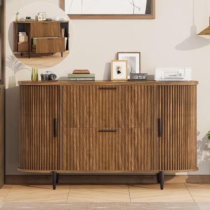 SEDETA 2 Drawer File Cabinet, 39.4" Filing Cabinet for Home Office, fit Legal/Letter/A4 Size, Light Luxury Fluted Filing Cabinets with 2 Sliding Door Storage, Printer Stand, Brown