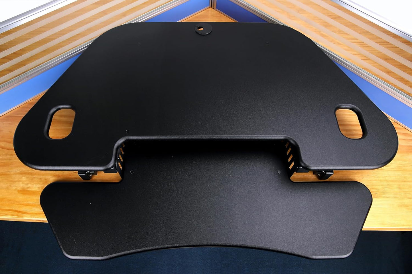 Rocelco 46" Height Adjustable Corner Standing Desk Converter with Dual Monitor Arm Mount Bundle - Sit Stand Up Tabletop Computer Workstation Riser - Extra Large Keyboard Tray - Black (R CADRB-46-MA2)