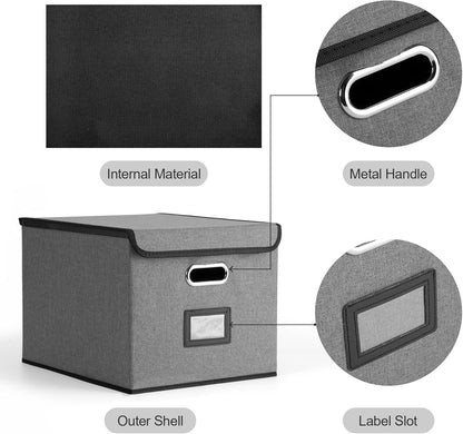 File Organizer Box, Linen Filing Organizer with Lid, Large Desktop File Boxes,Dark Grey