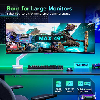 Ultrawide Monitor arm for 17-49'' Heavy Duty Screen up to 44lbs, Gas Spring Single Monitor Arm with RGB Light, Adjustable Gaming Computer Monitor Arm for Desk, White