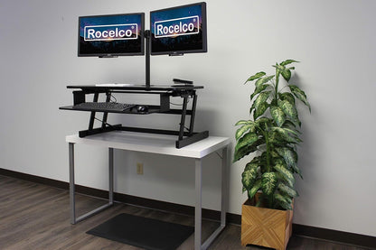 Rocelco 37.5" Deluxe Height Adjustable Standing Desk Converter with Dual Monitor Mount and Anti Fatigue Mat BUNDLE - Sit Stand Up Computer Workstation Riser - Keyboard Tray - Black (R DADRB-DM2-MAF)