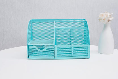 Annova Mesh Desk Organizer Office with 7 Compartments + Drawer/Desk Tidy Candy/Pen Holder/Multifunctional Organizer (Turquoise)